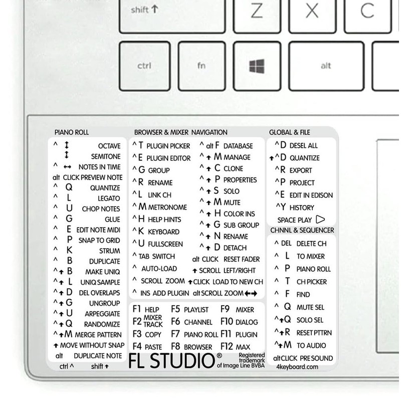 FL Studio Reference Keyboard Hotkeys Decals for Windows Black, White