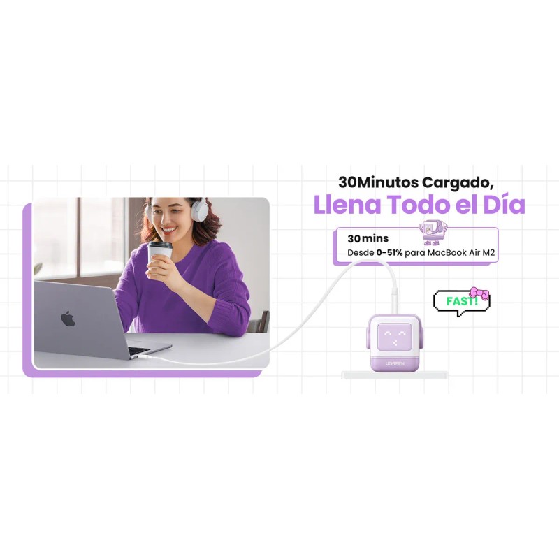 Cargador Ugreen Nexode Robot Gan Fast Charger 65w Purple Color