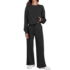 Caracilia Women's 2 Piece Outfits Sweatsuit Fall Crewneck Sweatshirts Wide Leg Pants Lounge Matching Sweat Sets Tracksuit Black Medium