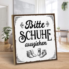 ARTFAVES® Wooden Sign with Saying - Bitte Schuhe ausziehen | Shabby Chic Vintage Sign | Decorative Gift for Home, Family | Size: 19 x 19 cm