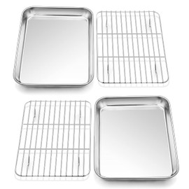 P&P CHEF 10.4 Inch Toaster Oven Pans with Racks, 4 Pieces Stainless Steel Oven Tray Baking Pan Sheet and Cooling Rack for Oven Cooking Roasting, Non Toxic & Dishwasher Safe