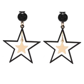 Clip On Double Star Cuff Dangle Drop Earrings for Women Non Pierced Ear Fake Stud Silver Gold Black Hollow Star Dangling Hypoallergenic Fashion Jewelry Christmas Party Holiday Gift (Black)