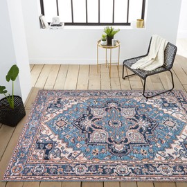 JONATHAN Y WSH105B-5 Cirali Ornate Large Medallion Machine Washable Indoor Bohemian Transitional Area Rug,High Traffic,Kitchen,Living Room,Backyard,Non Shedding,5 X 8,Blue/Beige