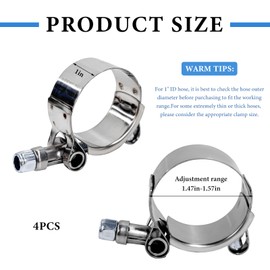 MUQIDA 4 PCS 1.25" T-Bolt Hose Clamp, Stainless Steel Adjustable Pipe Clamp with Working Range 37-40mm, Heavy-Duty Turbo Intake Intercooler Clamps Insert Locknut for 1.25" Hose ID