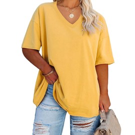 Women's Plus Size V Neck T Shirts Summer Half Sleeve Tees Casual Loose Fit Cotton Tunic Tops Yellow