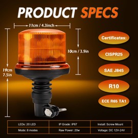 Yuanjoy 20 LED rotating beacon, 20W car warning light, orange rotating beacon, 4 flash patterns and 3 rotating patterns + 1 cruise 12V-24V DC IP67 for trailer, truck, caravan, van