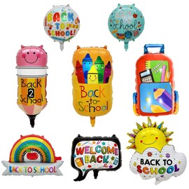8 Pcs Back to School Balloons Large School Bag Crayon Pencil Foil Balloons Welcome Back to School Party Decorations Kindergarten Back to School Mylar Balloons First Day of School Classroom Decorations