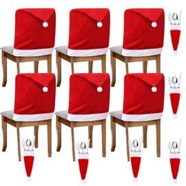 BROADREAM 6pcs Christmas Chair Covers - Santa Claus Hat Chair Slipcover Set of 6 - Xmas Chair Back Covers with 6pcs Silverware Holders Dinner Table for Christmas Holiday Festival Party Decorations