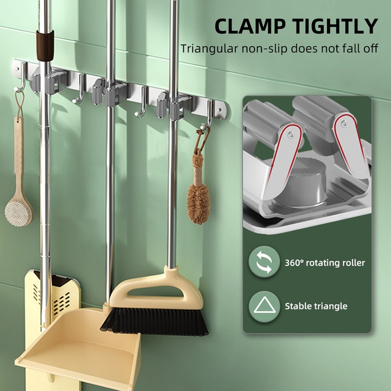 2pcs 304 Stainless Steel Broom Holder 3 Racks 4 Hooks