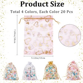 Beebeecraft 80Pcs 4 Colors Organza Bags 5x7 Inch Heart Organza Mesh Gift Drawstring Pouches Pink Gold Silver White for Christmas Candy Wedding Party Favor