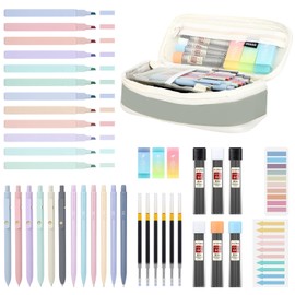 DRMAVI 42PCS Aesthetic School Supplies with Large Pencil Case, 12 Pastel Highlighters,6 Black Ink Gel Pens,6 Cute Mechanical Pencils Set 0.5 & 0.7 mm for Students Stationary College Essentials