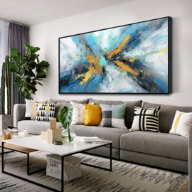 Abstract Canvas Wall Art for Living Room, Blue and Gold Wall-Decor for Bedroom, Picture Print for Home, Large Size 29x59 Inches Framed