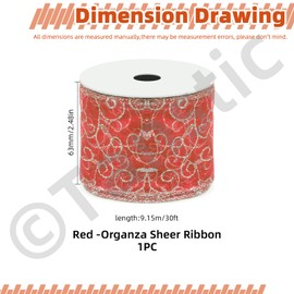 Tanstic 2.5 Inch x 10 Yards Red Swirl Glitter Wired Ribbon Organza Sheer Ribbon with Glitter Swirl Pattern and Metallic Edge for Tree Decoration Gift Wrapping