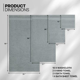 MoNiBloom 15-Piece 100% Cotton Bath Towel Set for Bathroom Gym, Contains 1 Bath Sheet 35x70, 2 Bath Towels 27x54, 2 Hand Towels 16x28, 10 Washcloths 12x12, Highly Absorbent Ultra Soft Quick-Dry Gray