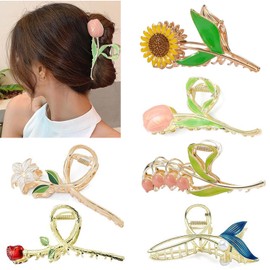 WADY Pinzas Para El Cabello Con Flores, 6 Pinzas Pelo Mujer de Metal, Pinzas Para El Cabello Kraeoke, Pinzas Para La Cabeza Trasera, Pinza para Cabello, Clips de Garra Grande Para Mujeres Y Niñas (A-6)