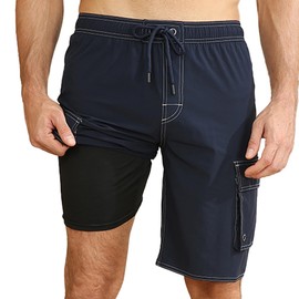 Kqwfsiu Mens Swim Trunks Swim Shorts for Men Quick Dry with Compression Liner Pocket Beach Board Bathing Suits Navy Blue X-Large