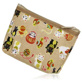 Morikuru TK01-08 Mini Pouch, 5.1 x 3.5 inches (13 x 9 cm), Laughing Cat Pattern, Small Purse, Coin Purse, Cute, Multi Pouch, SG Wonder Zone, beige