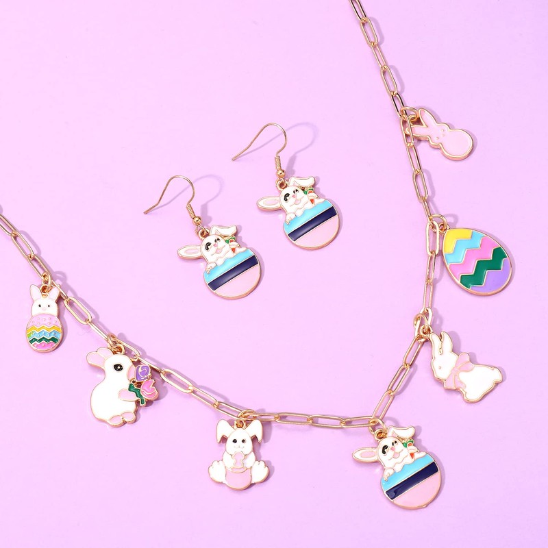 HSWE Easter Earrings Necklaces Set for Women Cute Enamel Bunny