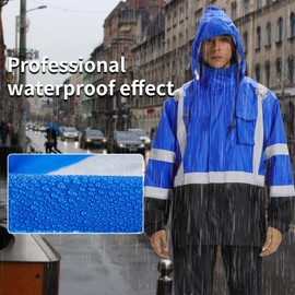 Hi Vis Rain Jacket for Men,Waterproof Class 3 Safety Rain Suit with Removable Hood & Black Bottom,High Visibility Rain Gear with Interior Mesh Lining