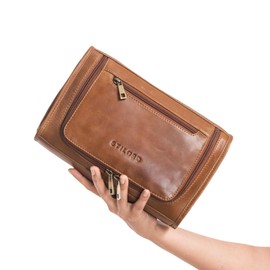 STILORD 'Juri' Toiletry Bag Leather Large for Women and Men Unisex Dopp Kit for Travel Overnight Wash Bag Big Grooming Bag Made of Genuine Leather, Colour:Mocca - Dark Brown