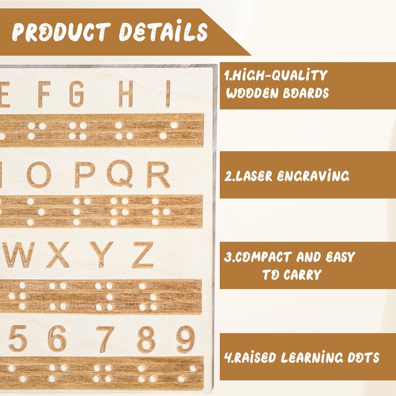 Braille Alphabet Board, Wooden Braille Fingerboard with Raised Dots Braille