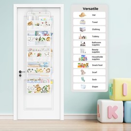 Clastyle Grey Animal Kids Over the Door Organizer with 5 Large Pockets Elephant Nursery Hanging Storage Organizer Clothes Diaper Toy Lion Closet Door Hanging Shelf Storage for Bedroom Bathroom Pantry