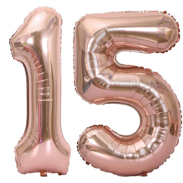 Tellpet Number 15 Balloons, 15th Birthday Party Decorations Supplies Sign for Girls, Rose Gold, 40 Inch