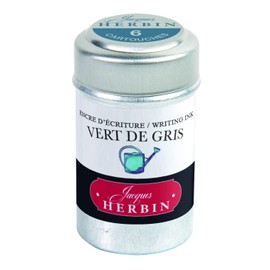Jacques Herbin - Ref 20107T - Universal Writing Snap-In Ink Cartridges - Vert de Gris/Green-Grey - Cylindrical Metal Pot of 6 Cartridges - Grey-Coloured Ink