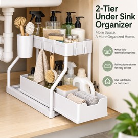 2-Tier Under Sink Organizer for Kitchen & Bathroom – Stainless Steel Pull-Out Cabinet Storage Rack with Drawer