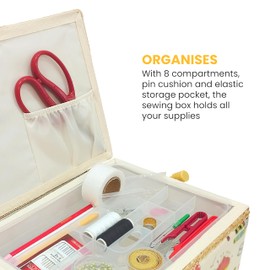 JYC CREATIVE Medium Wooden Sewing Box with Accessories, Fabric Lined Sewing Box with 4 Compartments, Organiser with Needle Holder, Box with Handle, Accessory Tray (Est Threads, Medium)