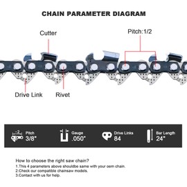V-MODEST 3 Pack 24 inch Pro Chainsaw Chain 84 Drive Links 3/8" Pitch .050" Gauge Full Chisel Superior Lubrication for Husqvarna 460 Rancher 372XP 268 350 465, Echo CS 590, Stihl 25" MS 361 462 311 309