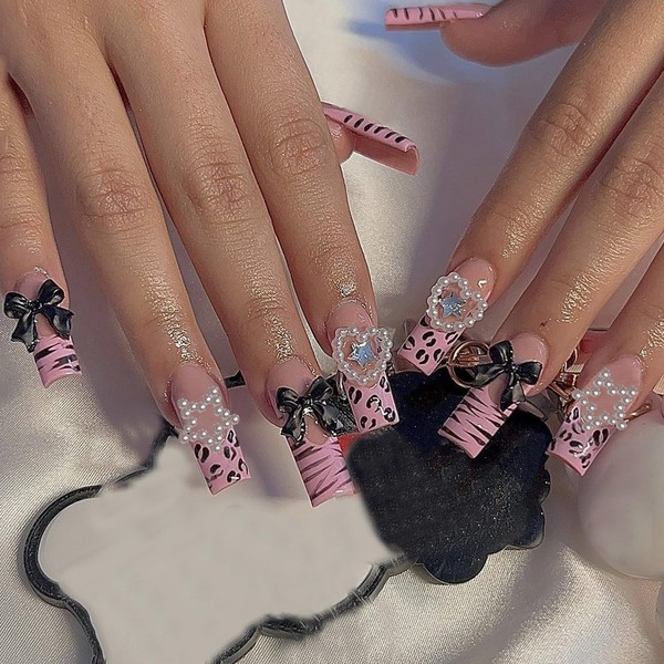 Press on Nails Medium Square Pink Zebra Print French False