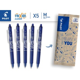PILOT, Frixion Clicker Pacco Da 5, Penna Cancellabile Al Calore Con Inchiostro Termosensibile, Penna a Scatto Ricaricabile Realizzata In Plastica Riciclata, Colore Blu, Tratto Medio