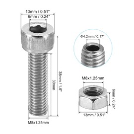 PATIKIL M8x30mm 304 Stainless Steel Hollow Bolt, 4 Set Cylindrical Hexagon Socket Screw Nut Kit Lamp Threading Screws Through Hole Fasteners