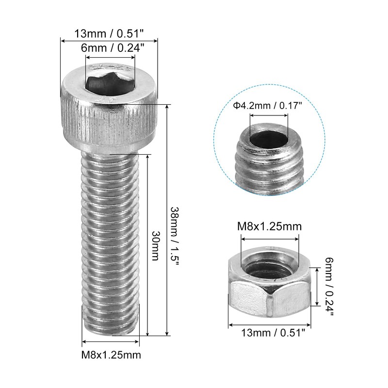 PATIKIL M8x30mm 304 Stainless Steel Hollow Bolt, 4 Set Cylindrical