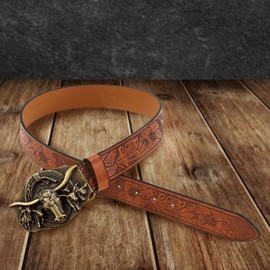 Vellivar Cowboy Belt Western Buckle Belts for Men Brown Belt Women Mens Belts Leather for Jeans Vintage Bull Head Cowboy Belt 110cm/43.3in