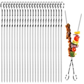 OFFCUP Kebab Skewers, 24pcs Stainless Steel BBQ Grilling Skewers, BBQ Skewers Flat Metal Skewers Barbecue Shish Kebab Sticks for Oven Grill Kabob Rotisserie Meat Vegetables (30cm)