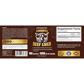 Vitamatic Grass-Fed Beef Liver 180 Capsules – Freeze-Dried, Non-GMO, Bovine Liver Supplement – Pasture-Raised, Glandular-Based Formula (180 Capsules, Liver)