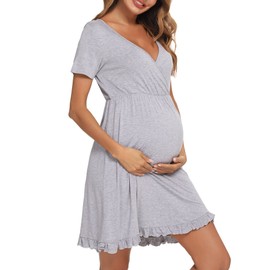 Doraha Womens Maternity Nightdress Breastfeeding Nightgown Nursing Nightwear V-Neck Short Sleeve Ruffle Cotton Nightshirt Labor Hospital B-Grey S