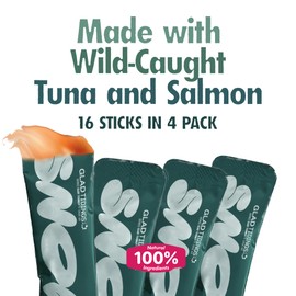 Glad Tidings Snowy's Lickable Wet Seafood Cat Treats Made with Wild-Caught Tuna and Salmon, Creamy Squeezable Purée, Topper with Vitamin E & Taurine, 16 Count, 1.7 Ounces ⏤ Duo