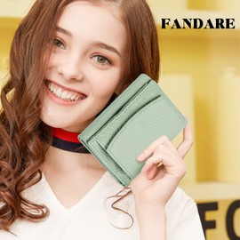 FANDARE Women's Purse with RFID Wallet Plain Wallet Short Shape Leather Wallet Small Wallet Women Purse with 6 Card Slots and Change Compartment, Green, Retro