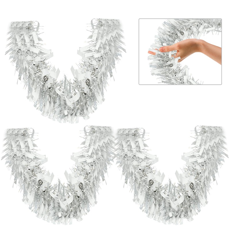 HOVUK® 3-Pack White/Silver Thick & Thin Tinsel Garland Christmas Decoration,