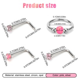 Mikovivi 4pcs Nose Rings, Stainless Steel 18g L Shaped Nose Studs Steel Hinged Clicker Segment Rings Hoop for Nostril Septum Cartilage Helix Rook Earlobe Lip Piercings Jewelry(Pink)