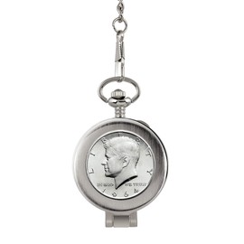 Coin Pocket Watch with Skeleton Movement | 1964 Silver JFK Half Dollar | Genuine U.S. Coin | Sweeping Second Hand, Magnifying Glass | Silvertone Case | Certificate of Authenticity