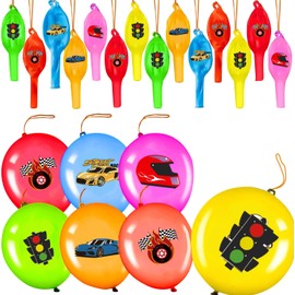 24Pcs Punch Balloons Race Cars Latex Bounce Balloons with Rubber Band Handle for Race Cars Theme Birthday Party Decorations