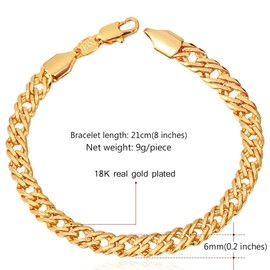 U7 Gold Chain Bracelet Men Punk 6mm 18K Gold Plated Bracelet for Men
