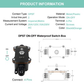 QTEATAK Inline Cord Switch 15A 250VAC/20A 125VAC, 2 Position ON-Off 4 Screw Pin Switch, Waterproof ON-Off Toggle Switch, Two-Side Entry & Exit Line Outdoor Electrical Start Stop Toggle Switch