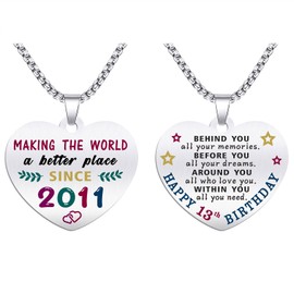 13th Birthday Gifts for Girls - Born In 2011 Birthday Gifts - Engraved Stainless Steel Heart Pendant Necklace - 13 Year Old Girls Birthday Gift