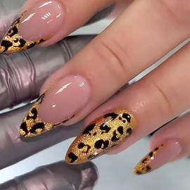 Ohhmisis Almond Press on Nails Medium, Gold Leopard Fake Nails with Glue, French False Nail Tips Glue on Nails Artificial Stick on Nails Finger Manicure for Women 24 Pcs