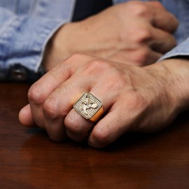 Metro Jewelry Eagle Signet Ring for Men in Stainless Steel with Yellow Gold Ion Plating and White Cubic Zirconia - Size 9